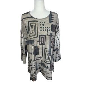 Jess & Jane Maze Diagonal Side Slit Tunic Top Neutral Size 1X Artsy Lagenlook